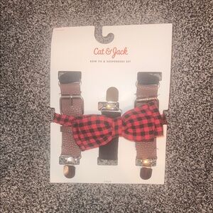 Cat & Jack Red and Black Checkered Bow Tie with Brown Suspenders